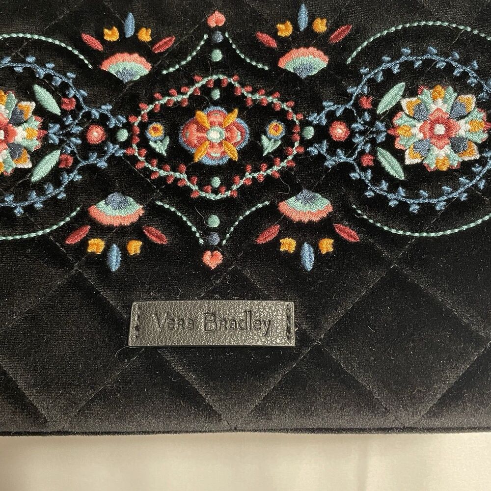 Vera Bradley Frannie Crescent Crossbody Purse Black Velvet Embroidered Floral - Picture 3 of 14